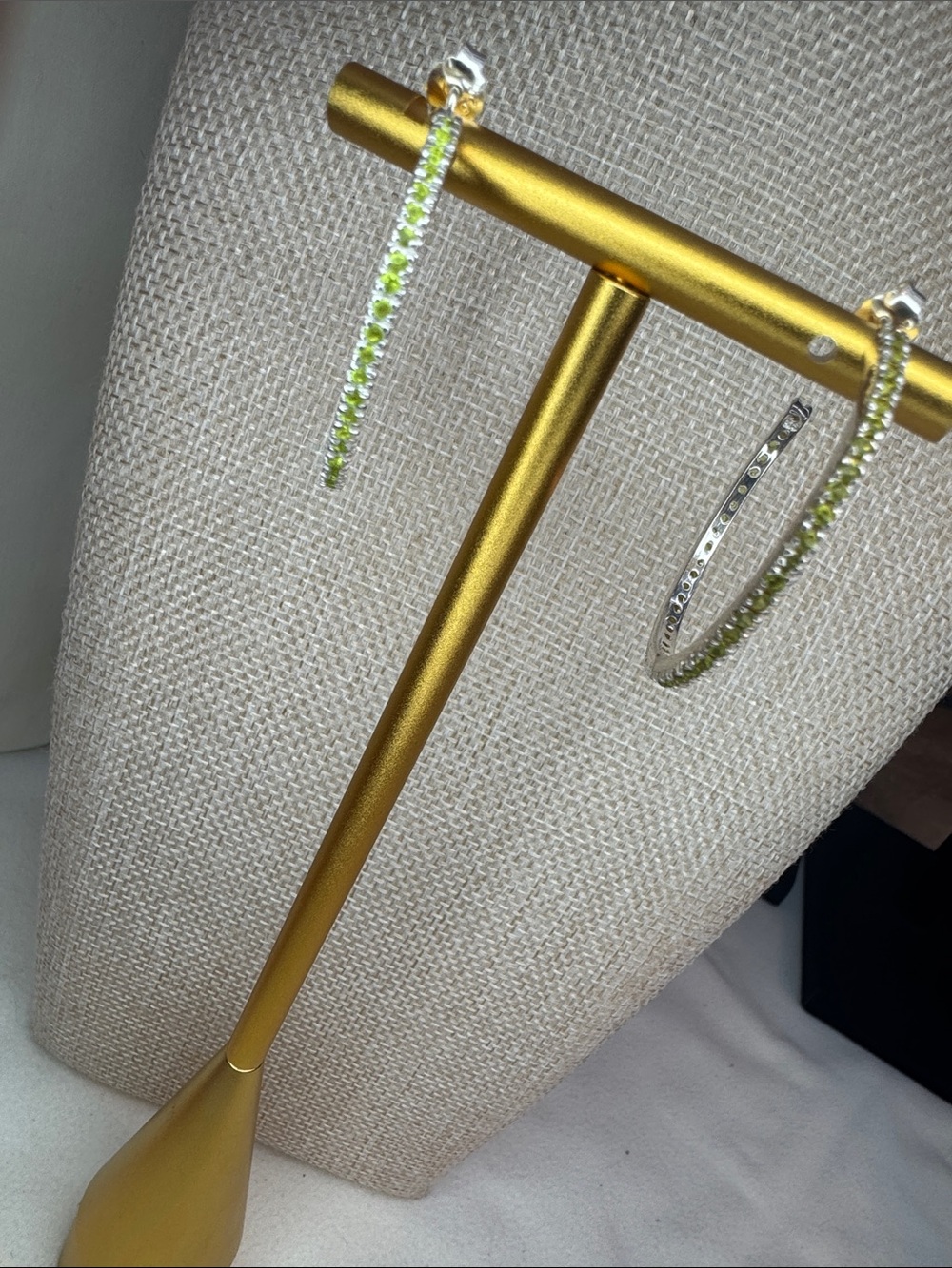Silver Hoop Earrings with Peridot Faceted stone Accents